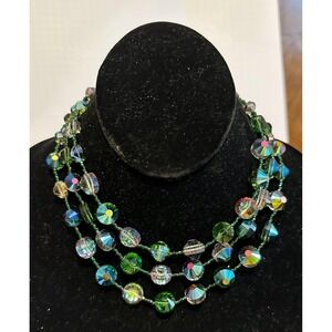 1950's Vendome 3 Strand Green AB Crystal Necklace Choker